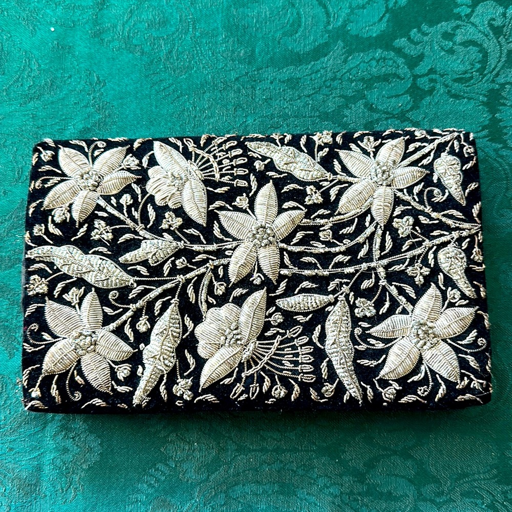 Vintage Beaded & Hand Embroidered Silver Flowers Black Velvet Clutch